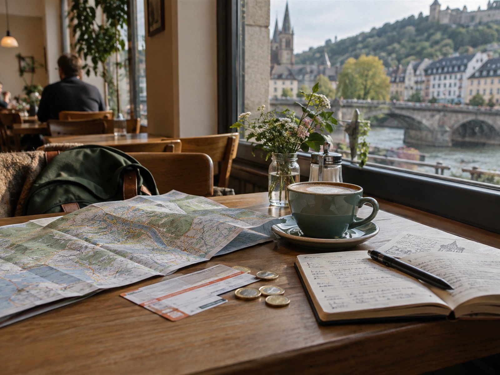 Karte, Notizbuch und Münzen auf einem Cafétisch