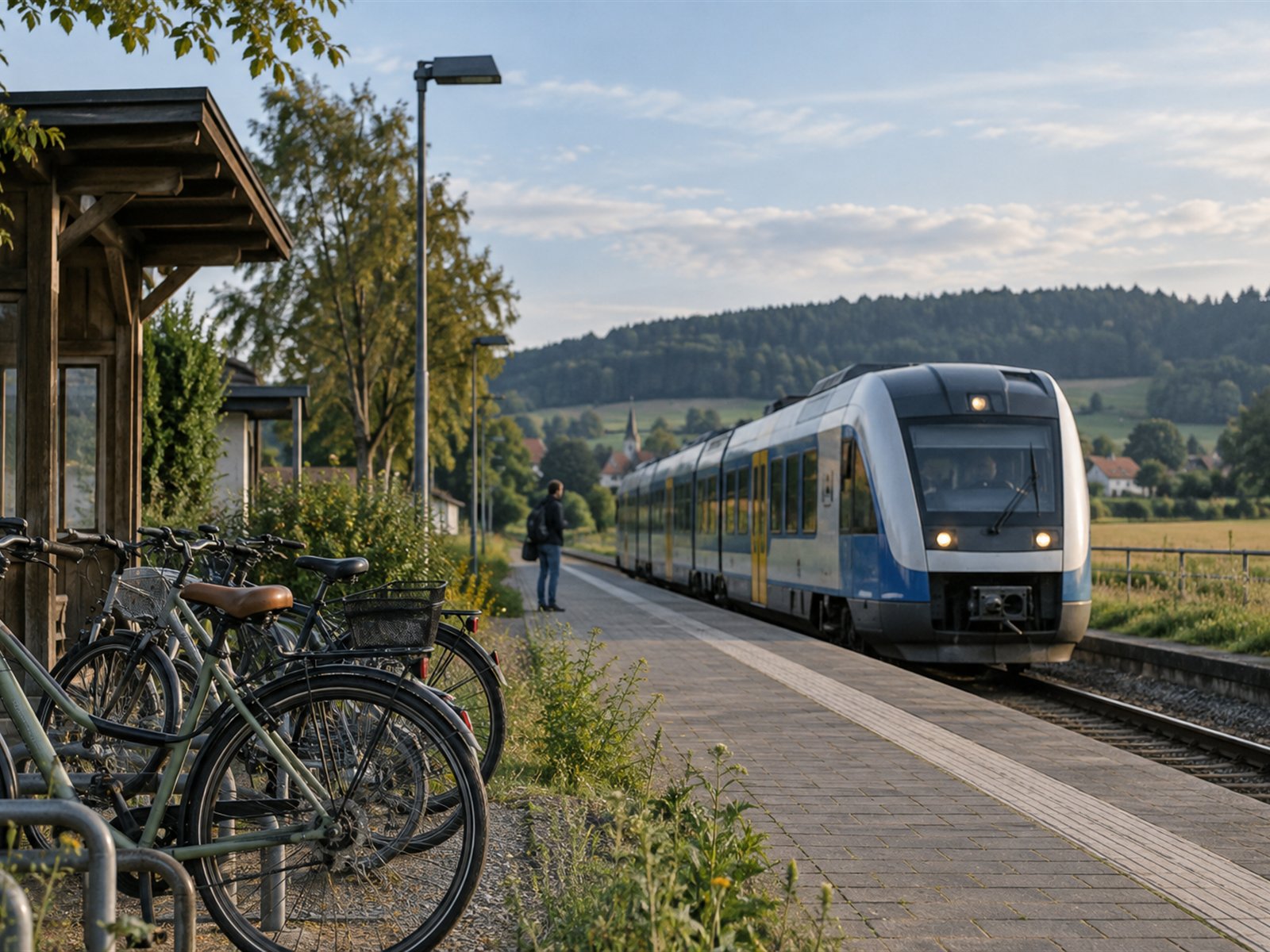 Fahrräder an einem ländlichen Bahnhof mit Regionalzug