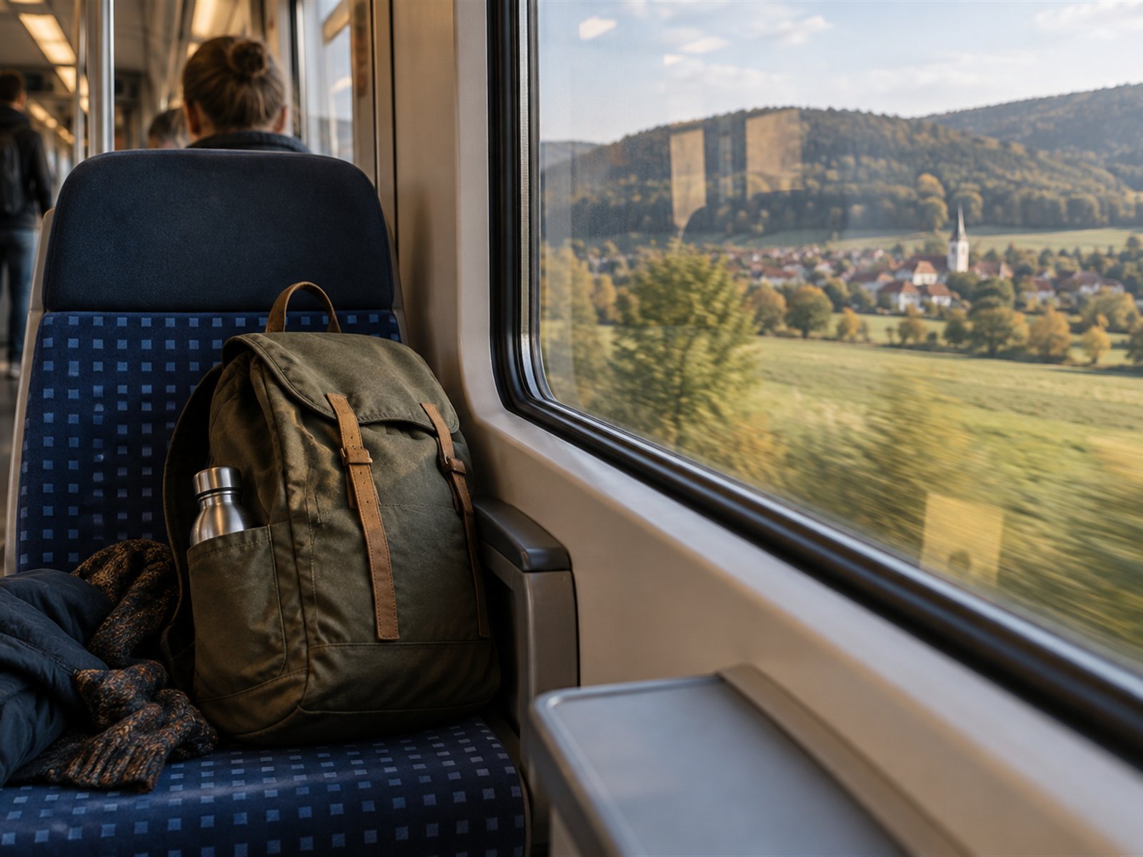 Reiserucksack am Fenster eines Regionalzugs