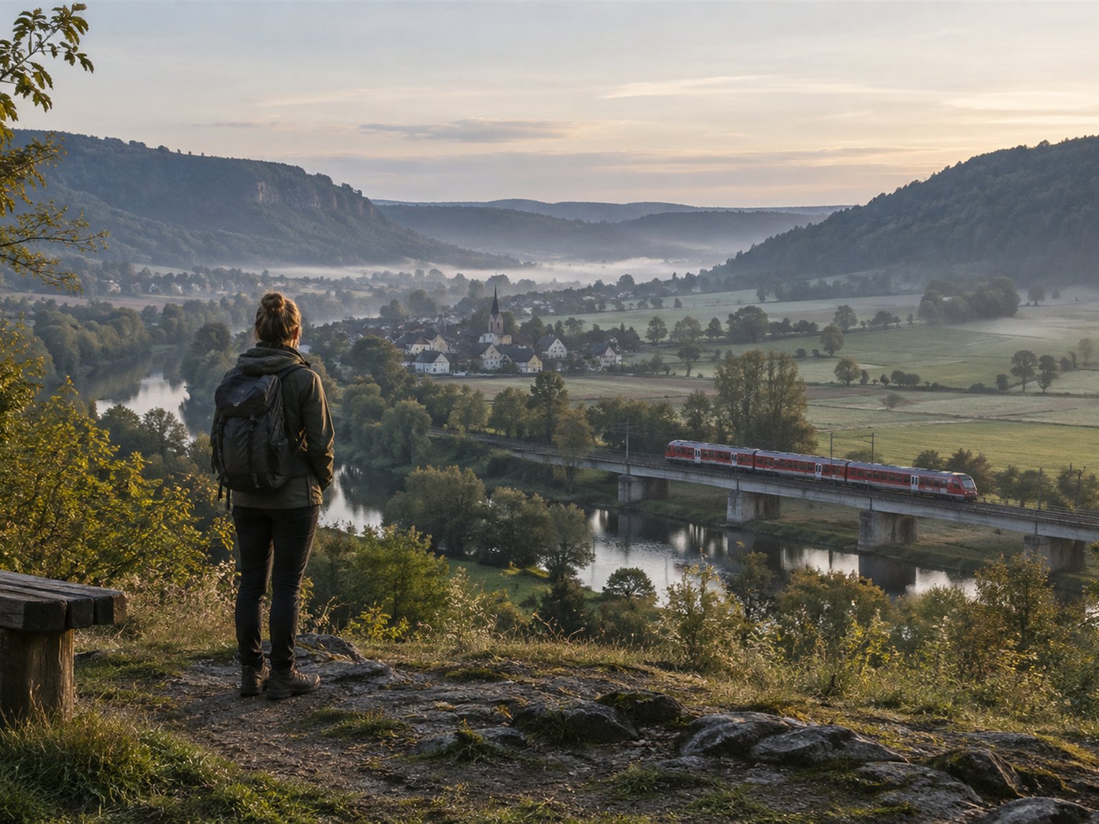 Regionalzug in einer weiten deutschen Tallandschaft am frühen Morgen
